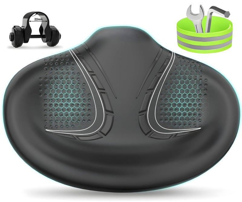 BLUEWIND New Noseless Oversized Bike Seat  Wide Bicycle Saddle Novel Backrest Design for Electric Bike  Fits Most Exercise Bike or Road Stationary Bike Seat Cushion for Men & Women (Black) - Image 1